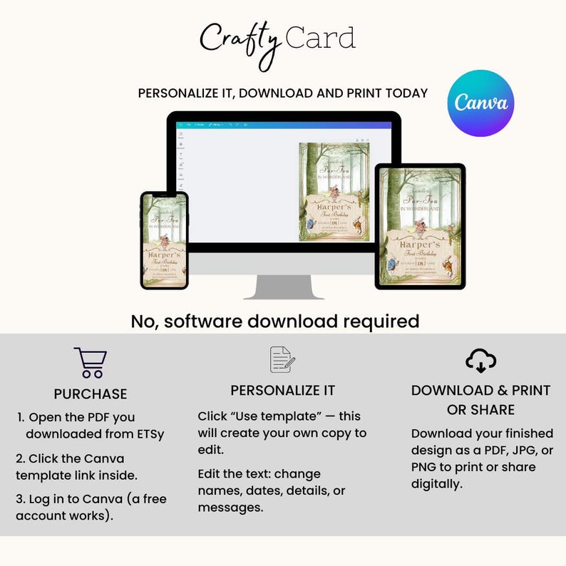 May include: A digital invitation template displayed on a computer, tablet, and phone. The invitation features a forest scene with text that reads "Harper's First Birthday." The Canva logo is visible.