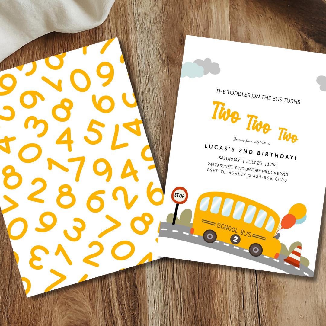 Editable Two Two Two School Bus Birthday Invitation for Boys - Toddler on the Bus Theme - DIY Printable 2nd Birthday Party Invite