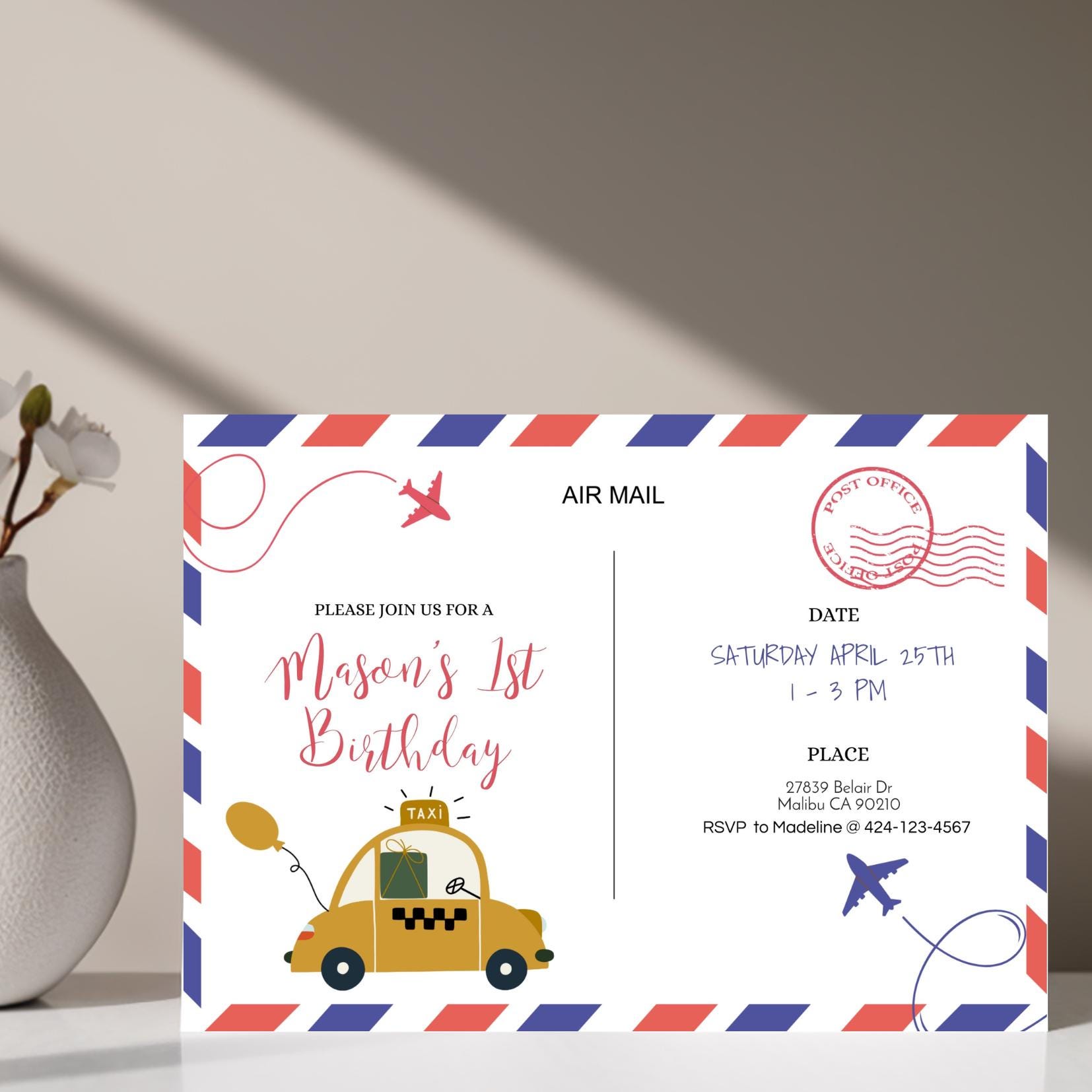 Postcard Writing Invite Editable Postcard Birthday Invitation - Air Mail & International Travel ...