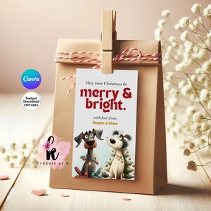 Bearbeitbare Hunde Weihnachtsmarken, druckbare Welpen Weihnachtsmarken, Urlaub Favor Tag, Frohe Weihnachten, Welpen Weihnachtslicht | Weihnachts_Tag011