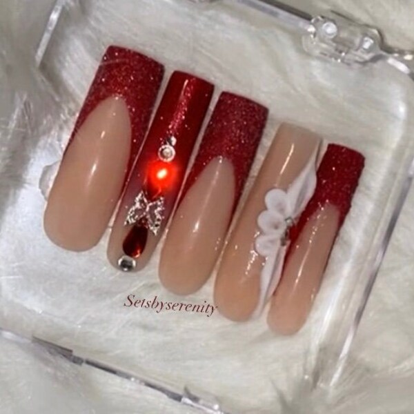 Red French Tip Butterfly Charm Ombre Nails Glitter Acrylic Press On Nails W Rhinestones & 3D Flowers