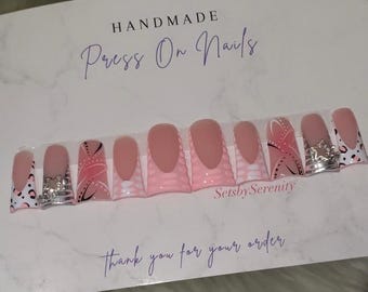 Pink Prints French Tips Y2K & Silver Duck Nails Acrylic Press On Nails W Star Charm