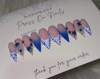 Royal Blue Zebra & Bling W Flowers Acrylic Press On Nails