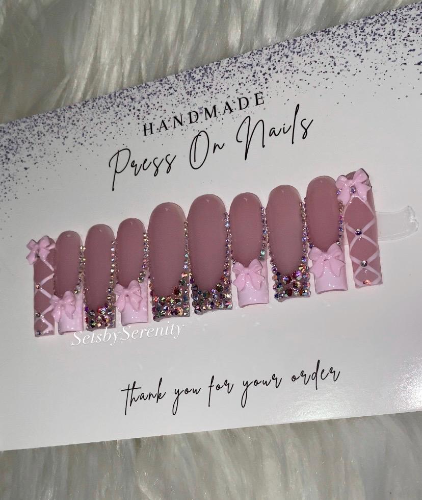 Baby Pink Bling & Bows Acrylic Press On Nails