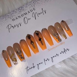 Orange Ombre & French Tip Bling Heart Charm W Gold Rhinestones Acrylic Press On Nails