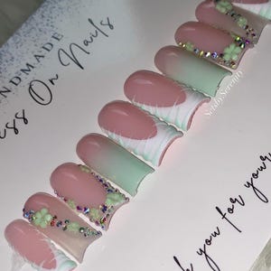 Mint Green Zebra & Bling W Flowers Acrylic Press On Nails