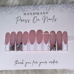 White French Tips W AB Rhinestones Bling Acrylic Press On Nails