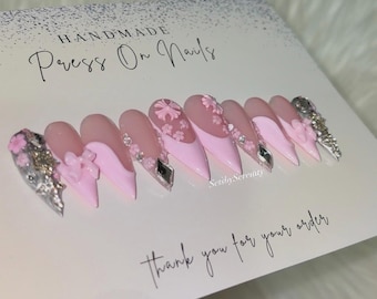 Pink & Silver Flower Junk Set Acrylic Press On Nails