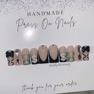 Black & Silver Money Piece Set W Rhinestones Acrylic Press On Nails