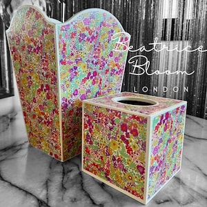 Liberty print Tana Lawn Waste paper bin, waste paper basket, square tissue box cover matching set. Handmade by Beatrice Bloom London
