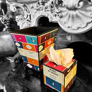 Oxford Waste paper bin & tissue box cover, bedroom bin, study bin, bathroom bin Penguin Library. Handmade by Beatrice Bloom London