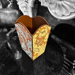 Clerkenwell waste paper bin - William Morris Batchelors Button Orange/Sky. Handmade by Beatrice Bloom London