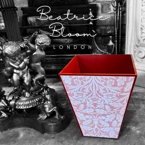 William Morris Acorn waste paper bin, trash can, waste basket white and red customise colours. Handmade by Beatrice Bloom London