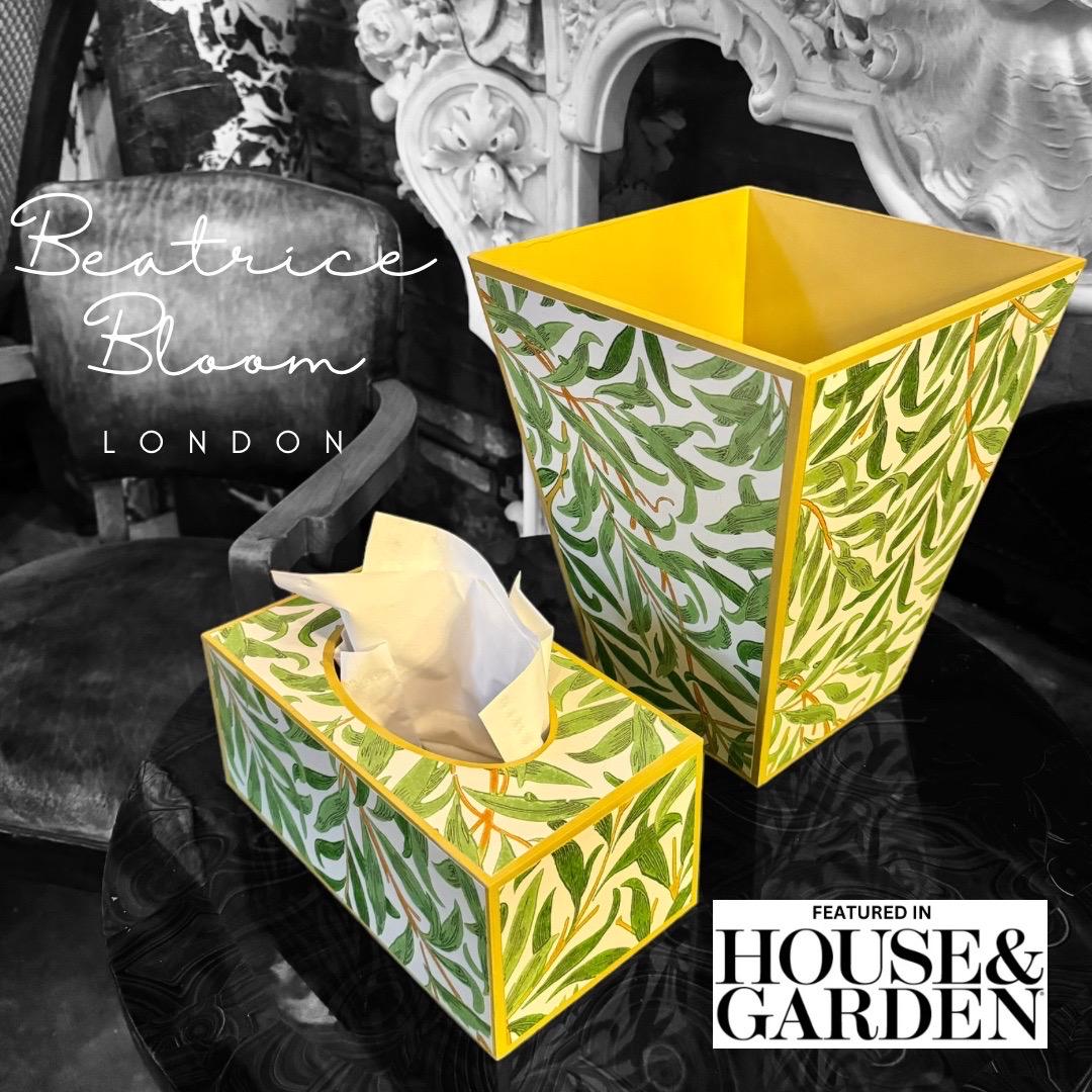 William Morris Willow Boughs by Morris & Co rectangle tissue box cover and wate paper bin, wooden bin. Handmade by Beatrice Bloom London