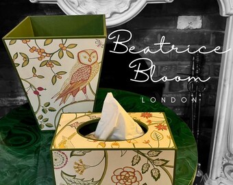 Owl waste paper bin & long tissue box cover - Newell paper by Morris and Co. Handmade by Beatrice Bloom London