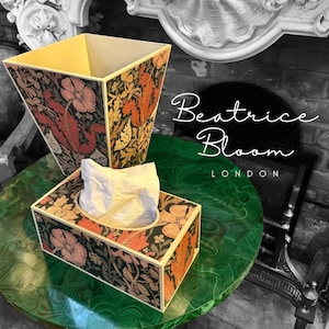 William Morris Compton waste paper bin & rectangle tissue box cover, wooden bin, tissue holder. Handmade by Beatrice Bloom London