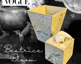 As Seen in British Vogue Chiswick Grove by Sanderson waste paper bin and square tissue box cover - Handmade by Beatrice Bloom London
