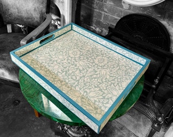 Chelsea large coffee table tray, breakfast tray, footstool tray, cake tray, in William Morris Mallow. Handmade by Beatrice Bloom London
