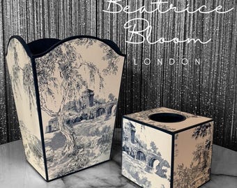 Navy Toile de Jouy Waste paper bin, waste paper basket, square tissue box cover matching set. Handmade by Beatrice Bloom London