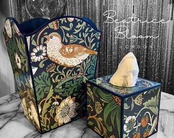 William Morris Strawberry Thief navy and green waste paper bin & rectangle tissue box cover - matching set handmade by Beatrice Bloom London