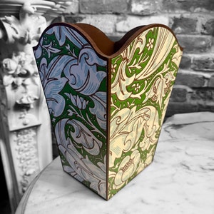 Clerkenwell waste paper bin - William Morris Batchelors Button leaf green/Sky. Handmade by Beatrice Bloom London