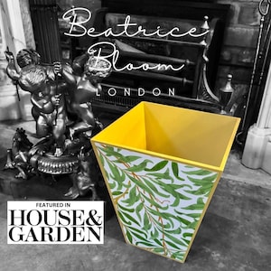 William Morris Willow Boughs waste paper bin, wooden bin, bedroom bin, drawing room bin, bathroom bin. Handmade by Beatrice Bloom London