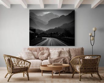 Mountain Road Photography Print, Black And White Alpine Landscape Digital Download
