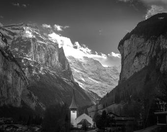 Black and White Mountain Photography Print, Swiss Alps Landscape Wall Art (Digital Download)