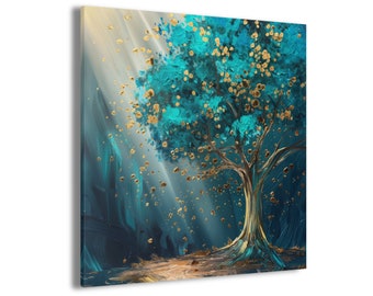 Tranquil Arboreal Bliss: Tree of Life Prints & Canvas Art - Abstract Blue and Teal Wall Decor Painting for Serene Home Ambiance