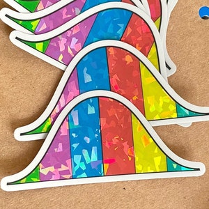 May include: A set of rainbow-colored, iridescent stickers shaped like a bell curve. The stickers are layered on top of each other, creating a multi-dimensional effect.