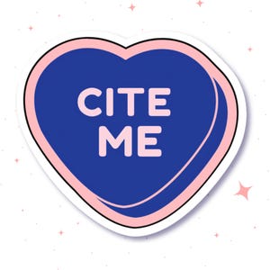 May include: A heart-shaped sticker with a blue center and pink border. The words "CITE ME" are in light pink, centered on the blue background. Small pink stars are scattered around the sticker.