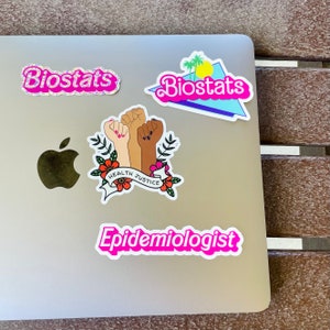 Pode incluir: Um laptop prateado com quatro adesivos. Os adesivos s&atilde;o rosa e apresentam as palavras "Biostats", "Epidemiologista" e "Justi&ccedil;a na sa&uacute;de". O adesivo de Justi&ccedil;a na sa&uacute;de apresenta um desenho de tr&ecirc;s punhos levantados com flores.