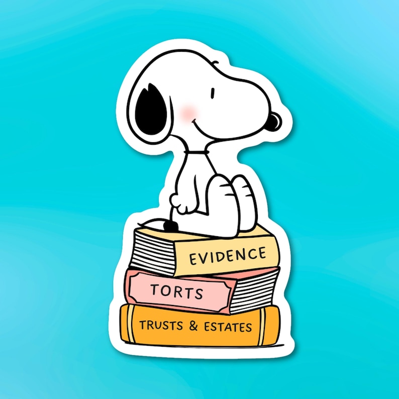 May include: A Snoopy sticker, in black and white, sitting atop a stack of law books. The books are labeled "EVIDENCE", "TORTS", and "TRUSTS & ESTATES" in bold, black text. The background is a solid, light blue.