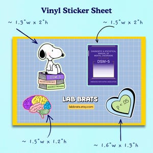 May include: A vinyl sticker sheet featuring four designs: a cartoon dog sitting on a stack of books labeled DSM-5, Assessment, and Research Methods; a purple DSM-5 book; a multi-colored brain; and a heart-shaped sticker with the text P < .05.
