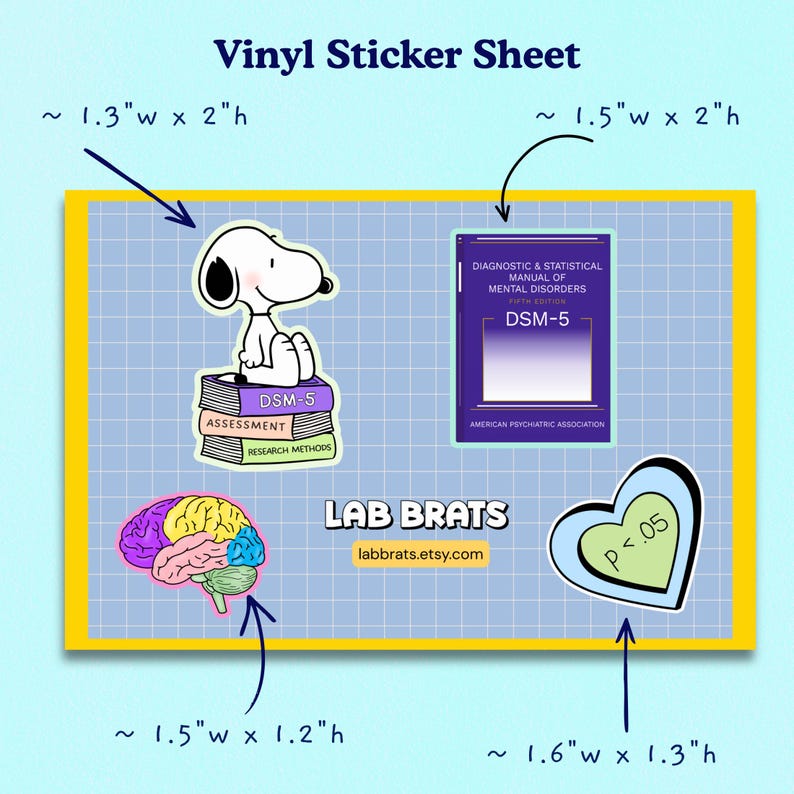 May include: A vinyl sticker sheet featuring four designs: a cartoon dog sitting on a stack of books labeled DSM-5, Assessment, and Research Methods; a purple DSM-5 book; a multi-colored brain; and a heart-shaped sticker with the text P < .05.
