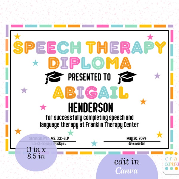 Speech Therapy Student DIY Diploma Editable Canva Template, Customizable Feeding Therapy Graduation, OT PT Certificate, Pediatric Therapist