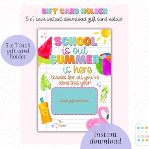 L'école c'est la fin de l'été, l'été est là, porte-cartes imprimable, cadeau de remerciement pour enseignant, carte du personnel, téléchargement immédiat de fin d'année scolaire