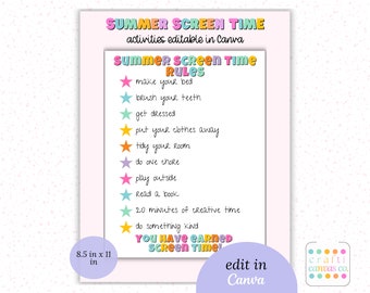 Kid Screen Time Rules, Summer Electronic Checklist Instant Download, Canva Reward Chart