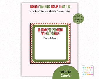 Puede incluir: Plantilla de nota de elfo editable para Canva. Una nota de tu elfo: Tu nota aquí…  Nota imprimible de 7,6 cm por 7,6 cm. Seis notas de 7,6 cm por 7,6 cm en papel carta de EE. UU.