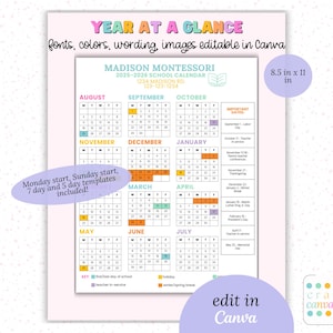 2025-2026 Editable School Calendar Template | Year at a Glance Schedule for Day Care & Sports Teams