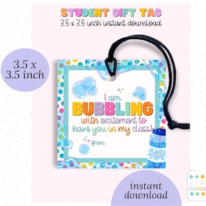May include: A 3.5 x 3.5 inch printable gift tag with a blue, pink, and yellow bubble theme. The tag says "I am bubbling with excitement to have you in my class!" and has space for a teacher to write their name.