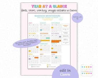 2026-2027 Editable School Calendar Template | Year at a Glance Schedule for Day Care & Sports Teams