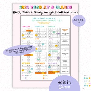2025 Editable Year at a Glance | School Calendar Template | Schedule for Day Care & Sports Teams
