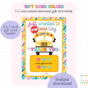 Porte-cartes cadeau chauffeur de bus imprimable, cadeau de remerciement brigadiers, arrêtez-vous et dites merci de fin d'année scolaire téléchargement immédiat