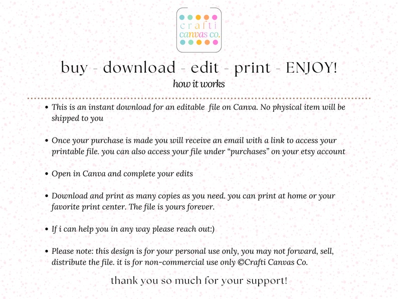 以下が含まれることがあります： ピンクと白の背景に、「buy - download - edit - print - ENJOY!」と「how it works」というテキストが表示されています。 下のテキストでは、Canvaで編集可能なファイルの使用方法について説明しています。 テキストには、「Crafti Canvas Co.」というフレーズも含まれています。