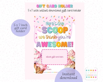 Voici le porte-cartes cadeau imprimable, cadeau de remerciement pour professeur de crème glacée, carte du personnel, téléchargement immédiat de fin d'année scolaire