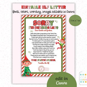 Elf Arrival Letter, Sorry I'm Running Late Editable Canva Letter for Kids - Printable Christmas Note Template