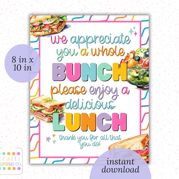 lunch appreciation 8x10 printable sign, teacher employee appreciation week instant download Thank you flyer PTO PTA Gift