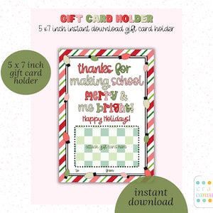 Danke für die Schule Merry & Me Bright Geschenkkartenhalter Printable, Lehrer Weihnachtskarte Danke, Instant Download