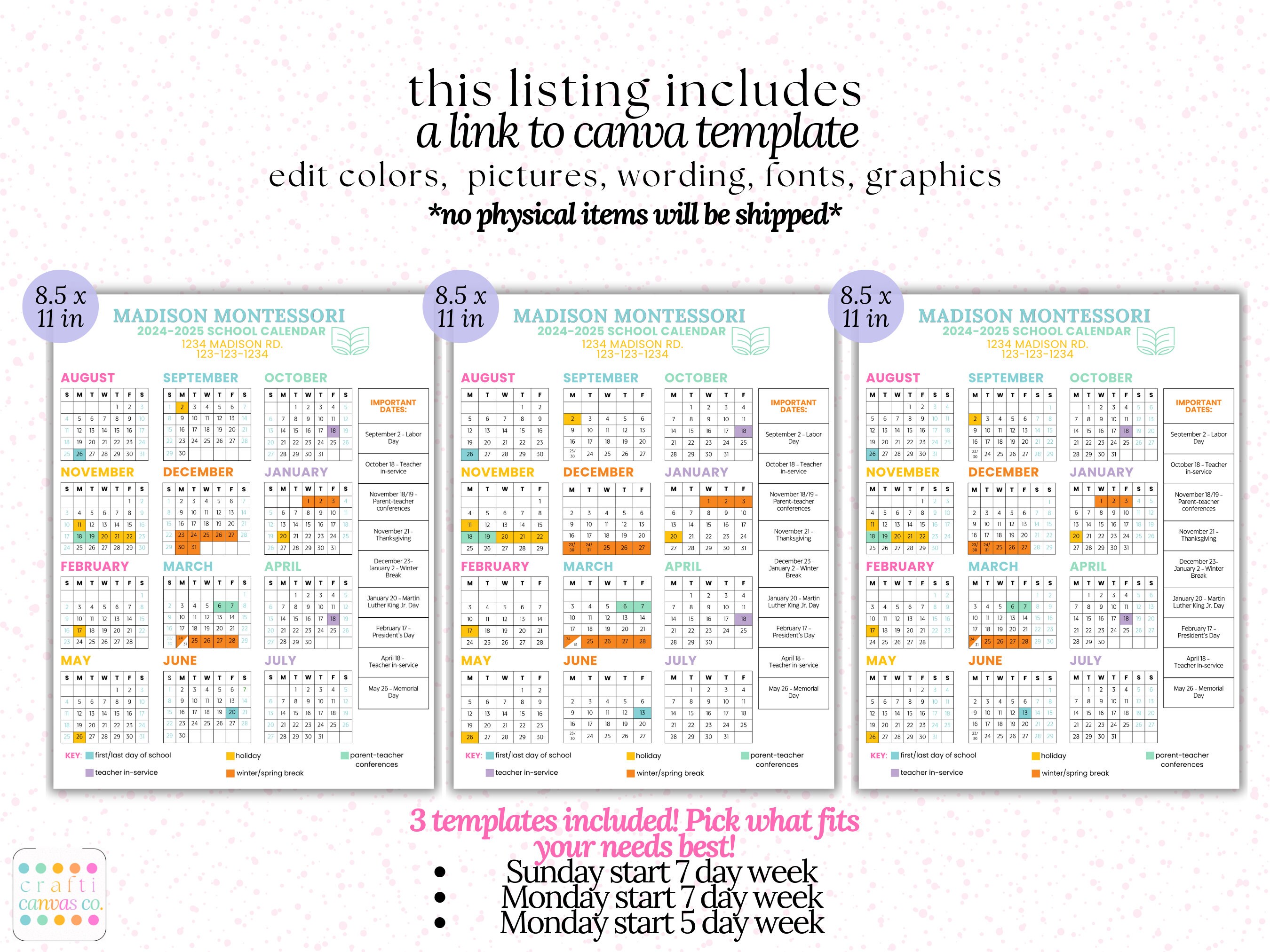 20242025 Editable School Calendar Template Year at a Glance Schedule